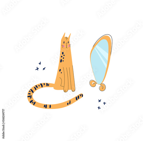 Cute hand drawn poster of a beautiful cat that looks in the mirror. Illustration A slender cat examines its color with a speck. Vector drawing of a kitten for print, textiles, posters, cards, t-shirts