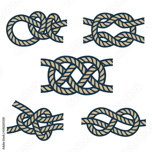 Set of colored nautical rope knots for a sea ship