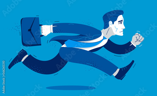 Business man run and hurry late vector illustration, funny comic cute cartoon accountant or businessman worker or employee in a rush.
