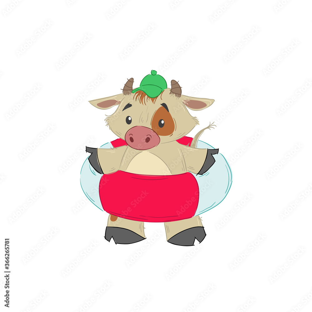 Cute bull, ox or bison with swimming floating ring. 2021 chinese year of bull symbol. Cartoon hand drawn style. August vector illustration. Cute bull, ox or bison with swimming floating ring. 2021 chinese year of bull symbol. Cartoon hand drawn style. August vector illustration.