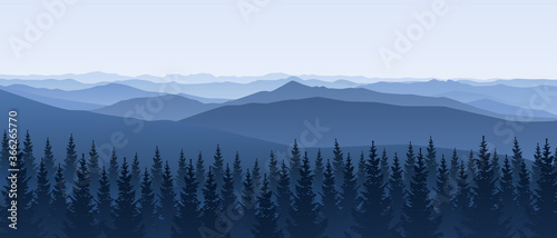 Tela Mountain scene with coniferous forest - panoramic horizontal landscape for banne