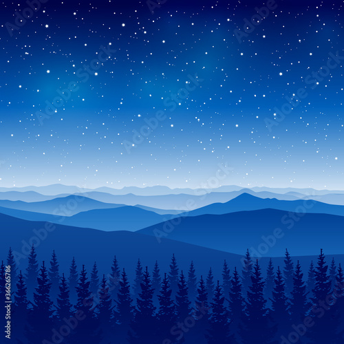 Mountain scene with coniferous forest on starry sky background - night landscape for poster and banner design