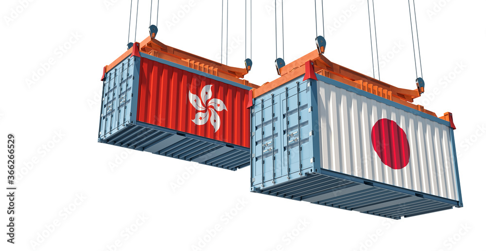 Freight containers with Hong Kong and Japan flag. 3D Rendering Freight containers with Hong Kong and Japan flag. 3D Rendering