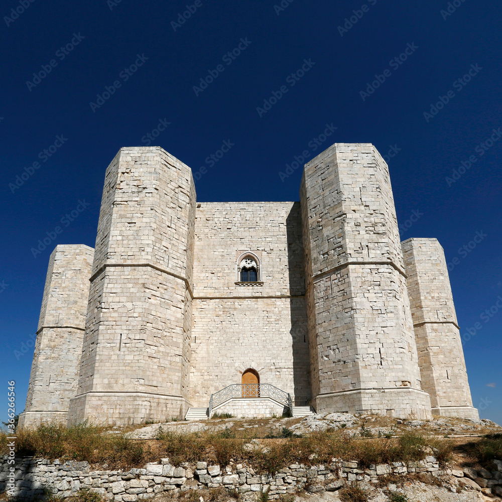 View of Castel del Monte, a Unesco world heritage medieval castle built on a solitary hill in Castel del Monte, Andria, Puglia, south of Italy.
