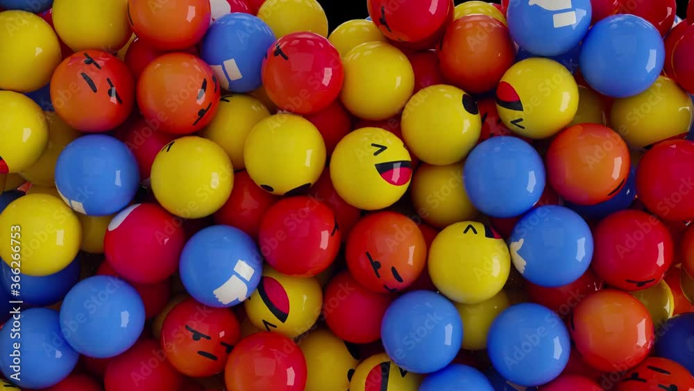 3D Animation of falling and filling screen yellow red and blue balls with different smiles of emoji. Facebook like button and empathetic emoji. Transition with transparent alpha channel 3D Animation of falling and filling screen yellow red and blue balls with different smiles of emoji. Facebook like button and empathetic emoji. Transition with transparent alpha channel