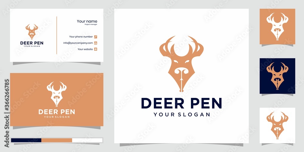 elegant deer pen logo design and business card. Premium vector