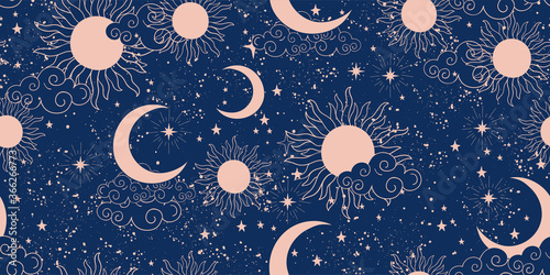 Seamless blue space pattern with sun, crescent and stars on a blue background. Mystical ornament of the night sky for wallpaper, fabric, astrology, fortune telling. Vector illustration