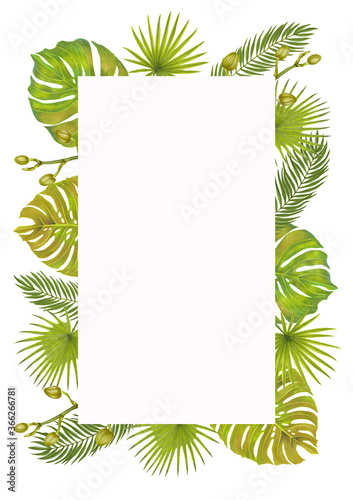 Hand drawn watercolor tropic background with leaves   palms  flowers