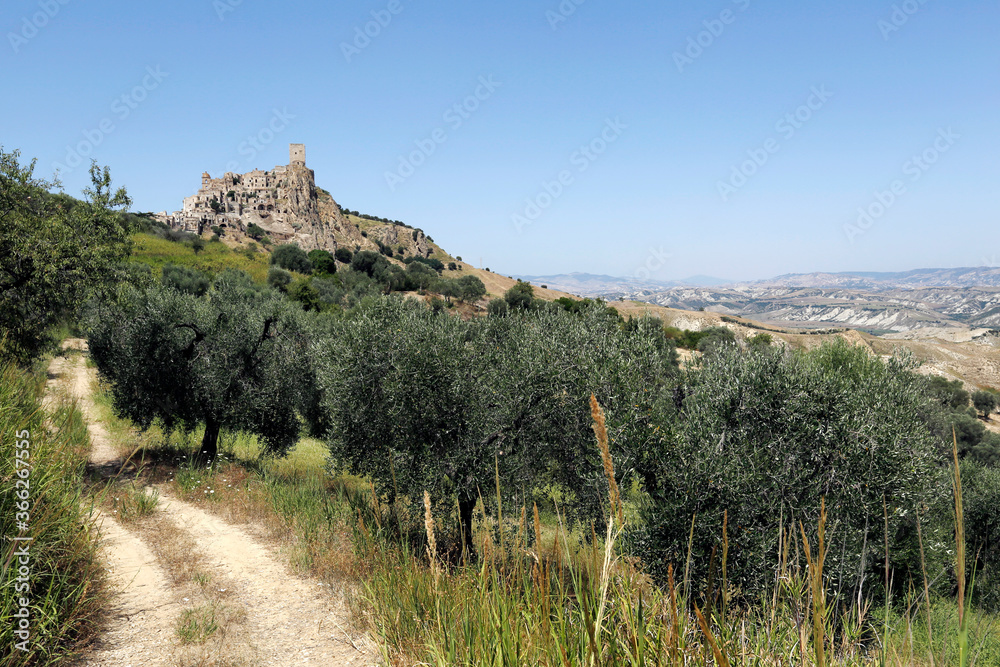 View of the ghost town Craco, near Matera, Basilicata, south of Italy.