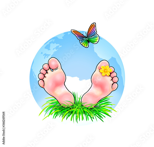 Fuß Füße Fußsohlen barfuß Kind Erde weltweit global  blau Himmel Wiese Gras Blume Schmetterling  freundlich hübsch Mann Frau Junge Mädchen liegen ausruhen reisen Urlaub Ferien nachhaltig fernreise 