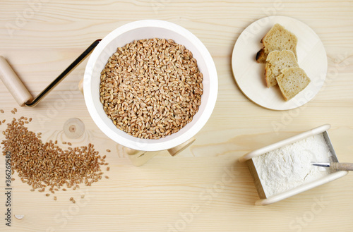 A small grain grinder on a wooden background. Traditional wheat and grain grinder used to grind grain and make flour of wheat and rice. Czech Republic, Europe. photo