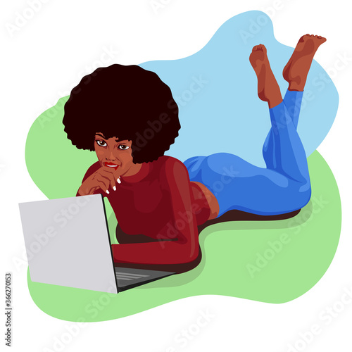 Girl afro hair on grass with laptop. Vector image flat style
