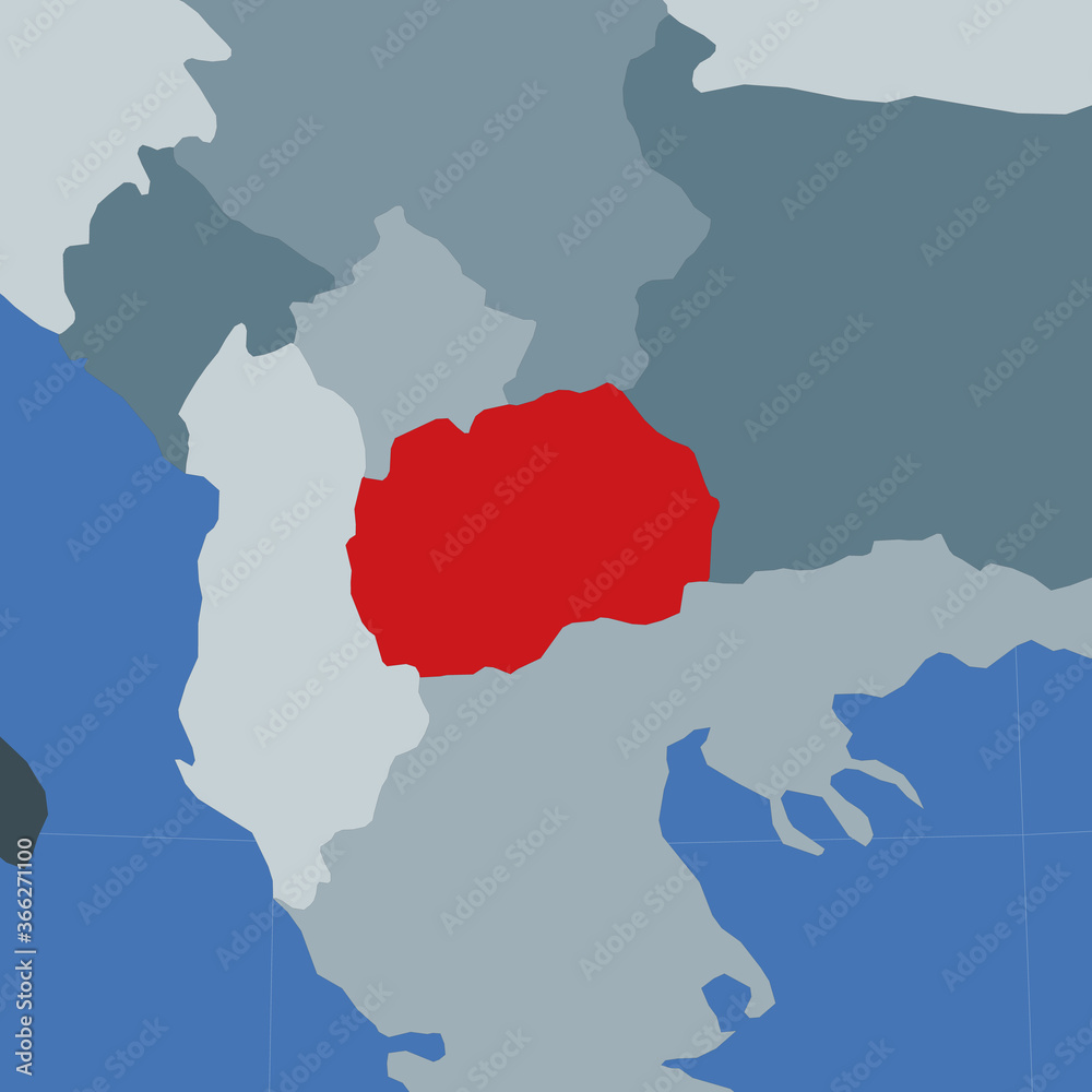 Shape of the Macedonia in context of neighbour countries. Country highlighted with red color on world map. Macedonia map template. Vector illustration.