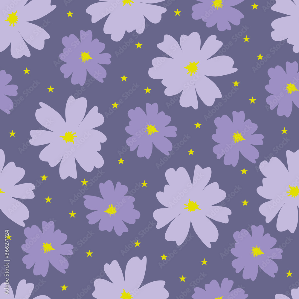 Purple flowers on a dark starry background. Vector pattern background. Purple flowers on a dark starry background. Vector pattern background.