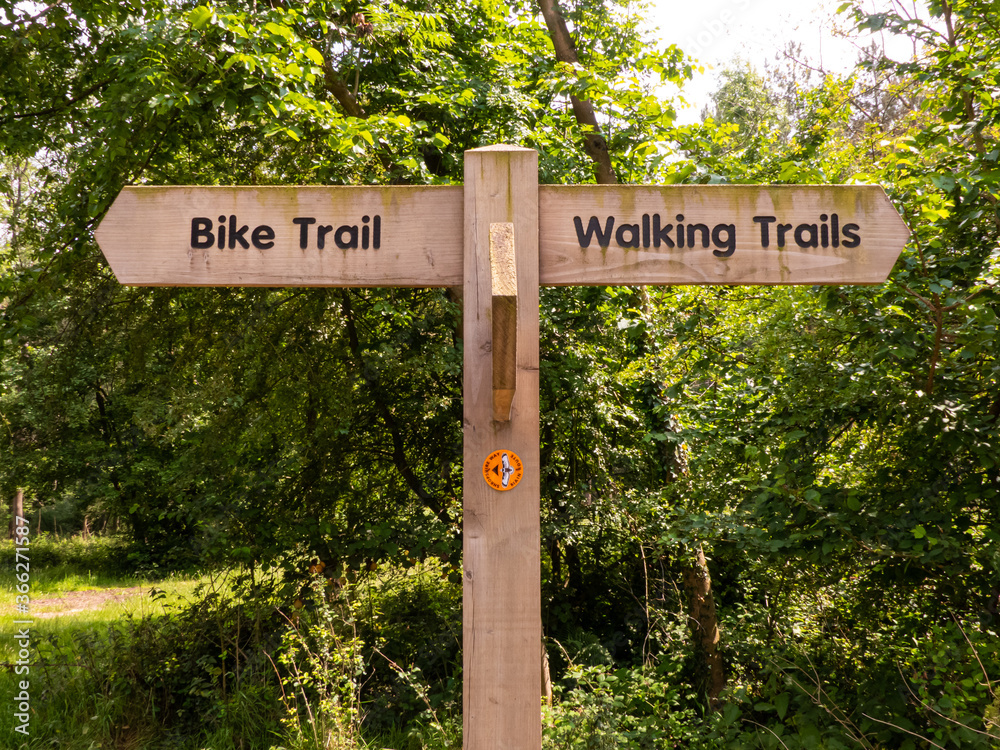 A generic country park signpost in the woodland at Haughmond Hill, Shropshire, UK, showing ‘Bike Trail’ to the left and ‘Walking Trails’ to the right.