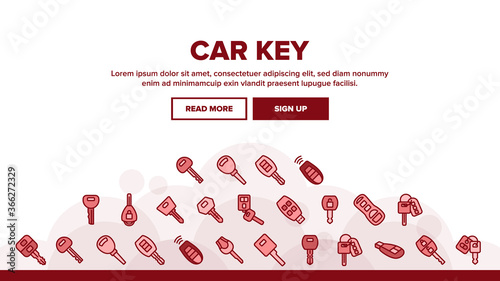 Car Key Equipment Landing Web Page Header Banner Template Vector. Car Key Device Different Style, With Buttons And Trinket, Lock And Open Padlock Illustrations