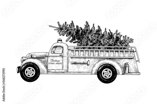.Christmas fire engine. Vintage Fire Truck with a Christmas tree on a white background. Retro card.  Black and white sketch.