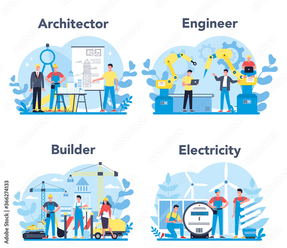 Architecting and building profession set. Construction and engineering