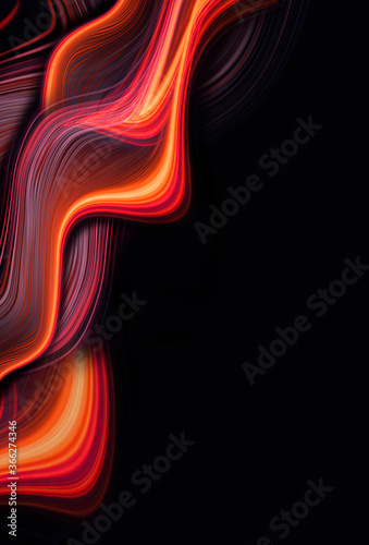 Liquid background. Dark abstraction with bright accents lines, neon light, smooth dynamic abstract neon waves. Reflection in water. 3d illustration.