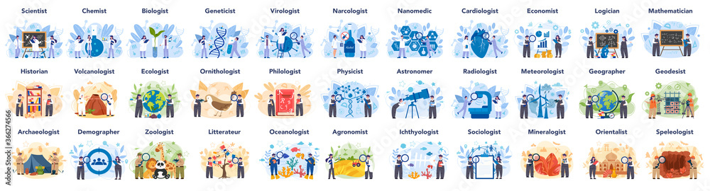 Big scientist profession concept illustration. Idea of scientific research - obrazy, fototapety, plakaty 