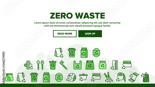 Zero Waste Reusable Landing Web Page Header Banner Template Vector. Zero Waste Package And Container, Kitchen Utensil Fork And Spoon, Bag And Paper Illustrations