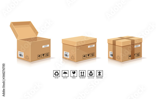 Brown Box Packaging, open and close with symbol collections isolated on white background, vector illustration