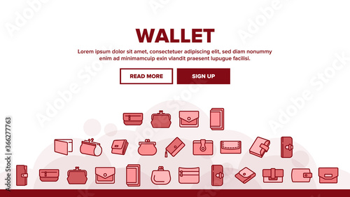 Wallet Accessory Cash Landing Web Page Header Banner Template Vector. Wallet In Different Style For Storaging Money And Coin, Credit Card And Document Illustrations
