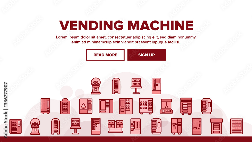 Vending Machine Selling Service Landing Web Page Header Banner Template Vector. Vending Machine Technology With Food And Drink, Coffee And Tea, Bubbles Gum And Toys Illustrations