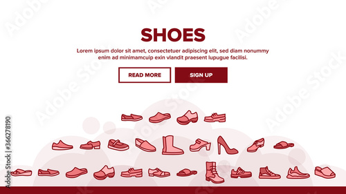 Shoes Footwear Shop Landing Web Page Header Banner Template Vector. Different Shoes Sneaker And Moccasin, Slippers And Boots, Toe And Loafer Illustrations