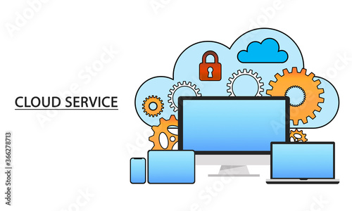 Cloud service and software development concept. Set of icons  representing cloud security and development process. Monitor, laptop, mobile phone, cloud, workflow icons.