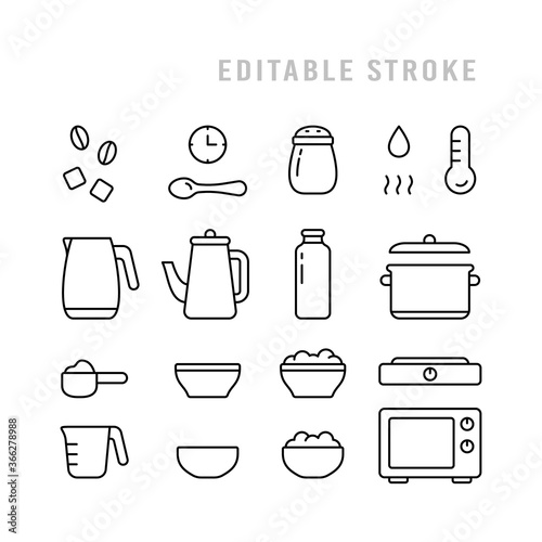 Porridge packaging icons set. Basic pictograms for instant dry food. Brewing cereals, cooking on stove or microwave. Black linear editable stroke emblem. Contour isolated vector illustration on white