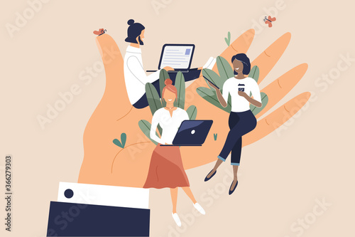 Tiny office workers sitting on huge hand. Concept of good comfortable environment at work, favorable psychological climate,high pay and freedom of creativity for employees. Raster flat illustration