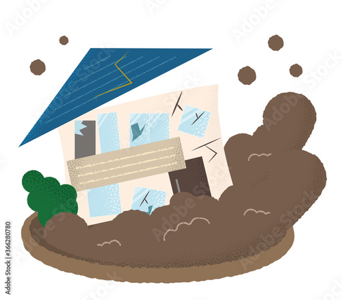 土砂災害に遭う住宅のベクターイラスト