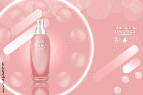 Beauty product ad design, pink cosmetic container with collagen solution advertising background ready to use, luxury skin care banner, illustration vector.	