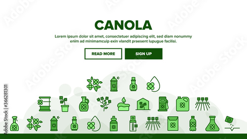 Canola Agricultural Landing Web Page Header Banner Template Vector. Canola Agriculture Flower Field And Pot, Oil And Spray, Greenhouse And Seeds Illustrations