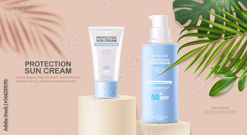 Sun cream bottle 3d realistic isolated, tropical background, geometric scene, packaging mockup, protection sun cream, spf 50 summer cosmetics vector illustration
