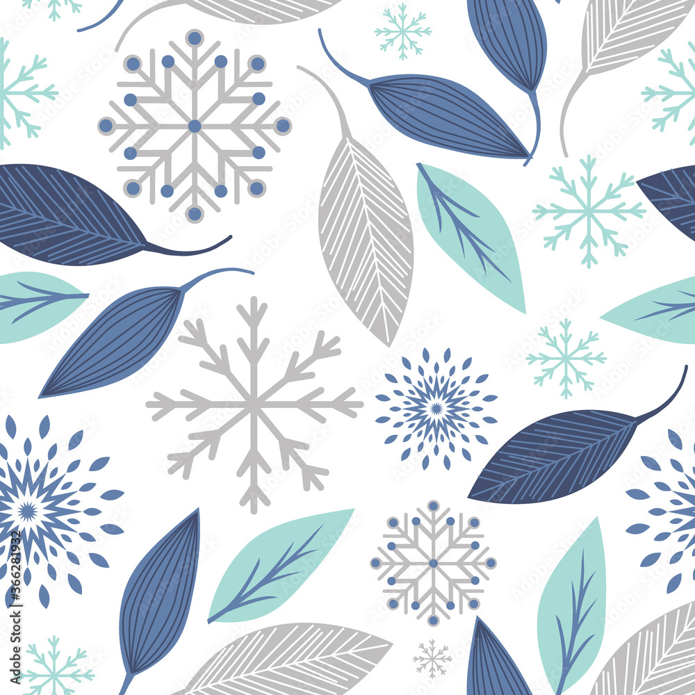 Seamless Christmas blue lief and snowflakes
