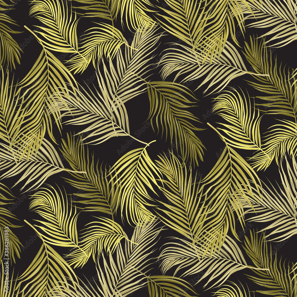 Vector pattern, repeating golden palm leaves on dark background. pattern is clean for fabric, wallpaper, printing. Pattern is on swatches panel