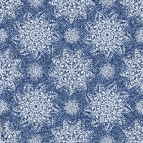 Vector Jeans background with Lotus Flowers Mandala Pattern. Denim seamless pattern. Blue jeans cloth 