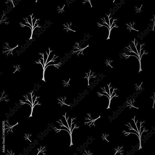Seamless repeat pattern of tree silhouette in silver foil effect on black background.