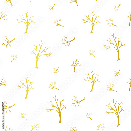Seamless repeat pattern of tree silhouette in gold foil effect on white background.
