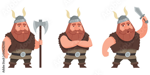 Viking in different poses. Male character in cartoon style.