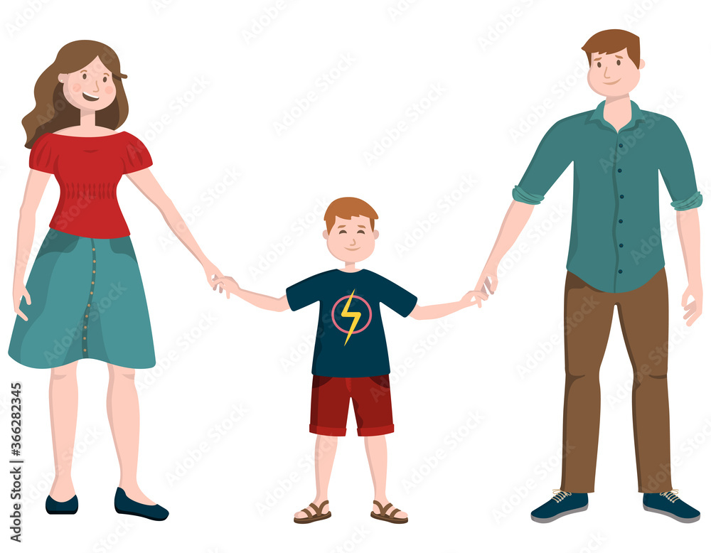 Happy family in cartoon style. Mother, father and son holding hands. Happy family in cartoon style. Mother, father and son holding hands.