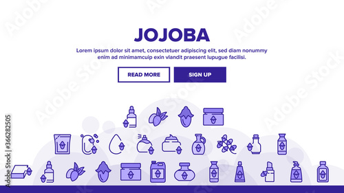 Jojoba Natural Product Landing Web Page Header Banner Template Vector. Jojoba Perfume And Cream, Soap And Oil, Cosmetic Package And Bottle, Drop And Pomade Illustrations