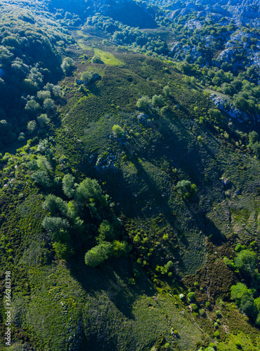 Aerial view of the beech and karst. Sierra de Hornijo Mountain Range close by San Pedro de Soba village in Soba Valley  within Pasiegos Valleys and Alto Ason Natural Park of Cantabria in Spain. Europe