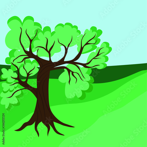 There is a lone oak tree on the plain. A majestic stylized tree on a natural background of nature. Vector tree illustration