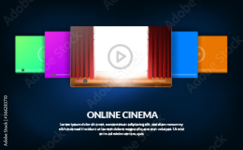 carousel of list film for online streaming video cinema concept with red curtain stage show for film preview