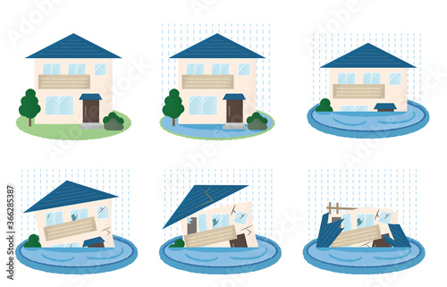 水害を受ける住宅のベクターイラストセット	
