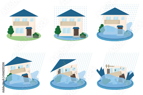 水害を受ける住宅のベクターイラストセット	