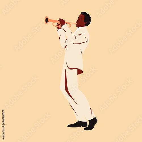 Dark skinned male musician playing trumpet. Flat vector illustration of a man performing solo on stage playing a melody on a trumpet. Professional musician with a trumpet dressed in retro style